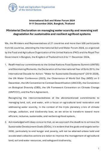 Ministerial Declaration on managing water scarcity and reversing soil degradation for sustainable and resilient agrifood systems